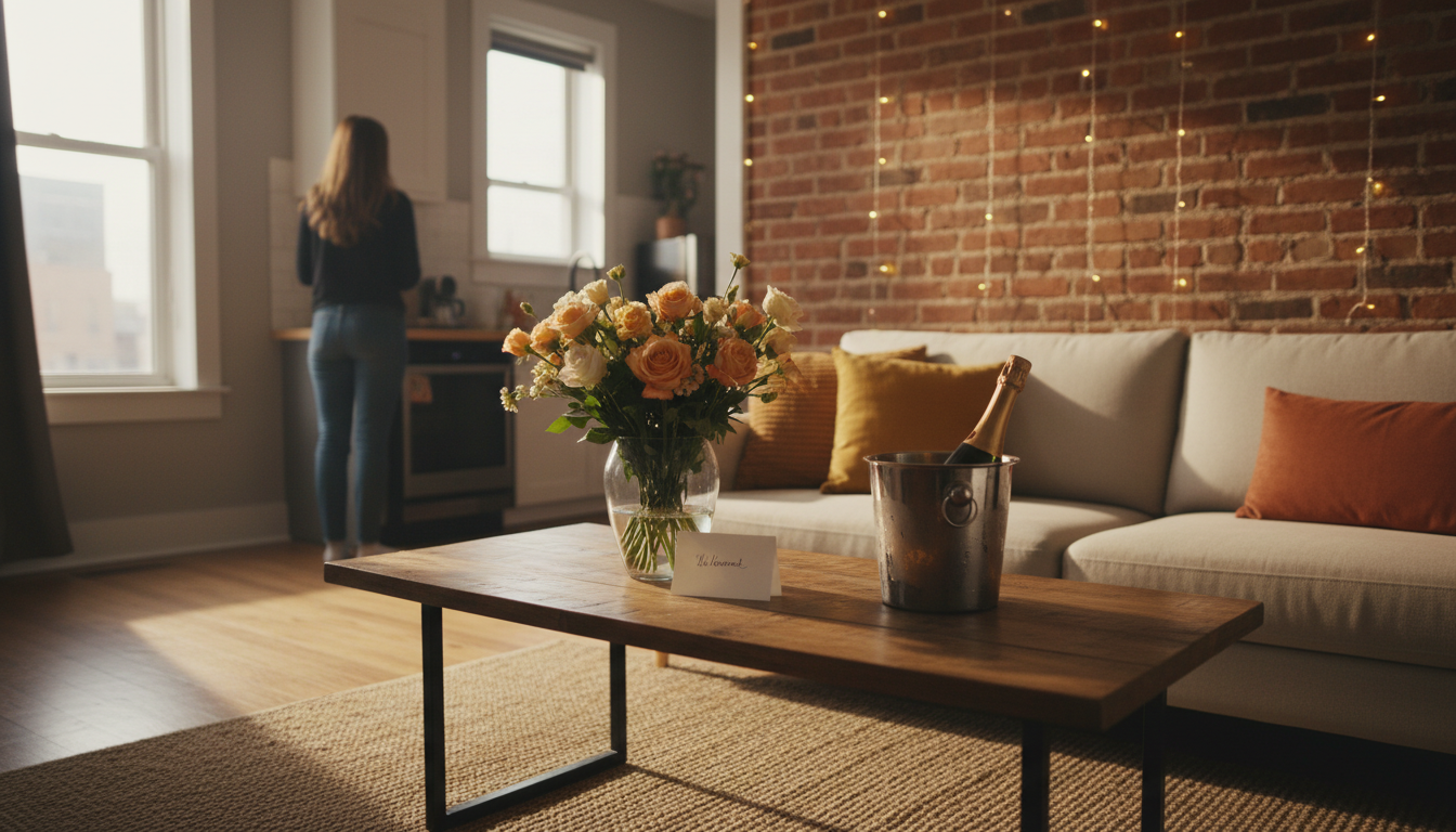 Cozy apartment interior with exposed brick, string lights, fresh flowers on the table, a bottle of c