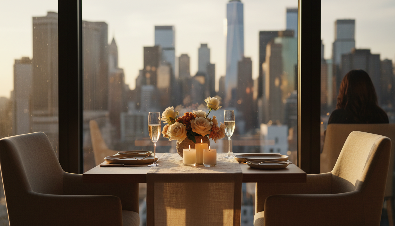 Elegant restaurant table set for two with candlelight, Manhattan skyline visible through floor-to-ce