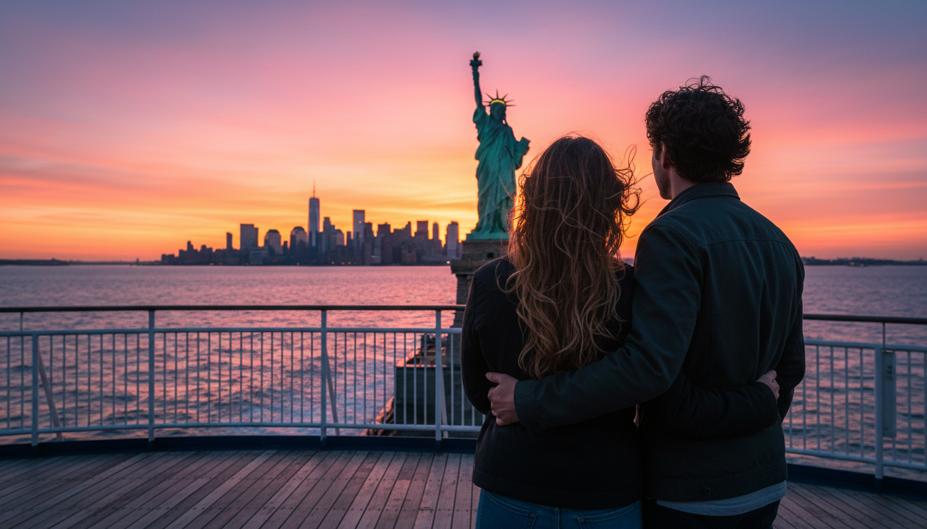 Couple riding the Staten Island Ferry at sunset, Statue of Liberty in the background, wind in their