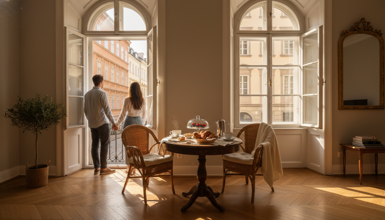 Golden morning light streaming through tall windows of a classic Viennese apartment, with a small br