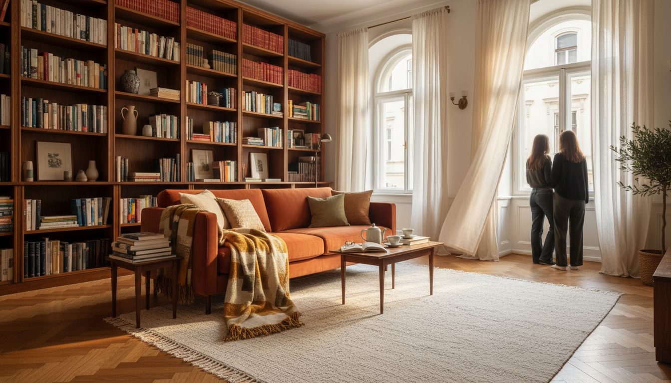 Elegant living room in a traditional Viennese apartment with parquet floors, a velvet sofa, built-in