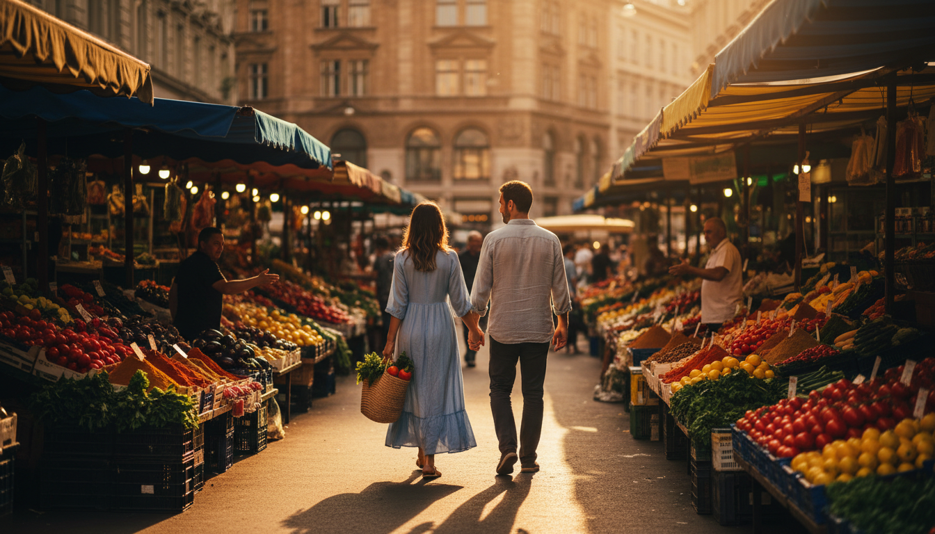 Couple walking hand-in-hand through the Naschmarkt at golden hour, colorful produce stalls and histo