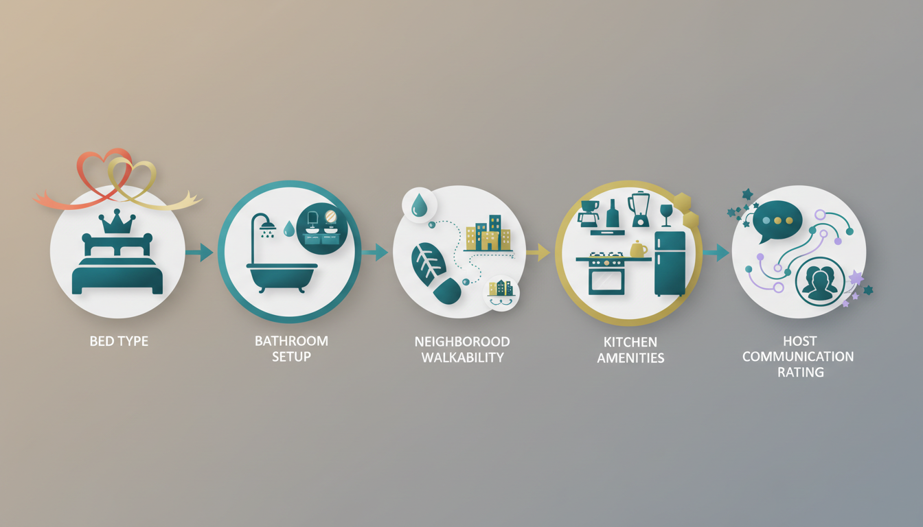 Infographic showing key features to look for in a honeymoon home swap listing bed type, bathroom set