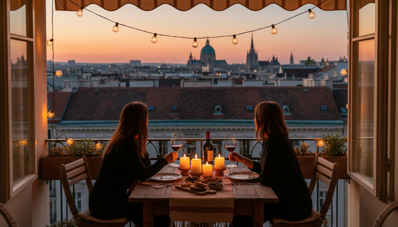 Intimate dinner scene on a small Vienna apartment balcony at dusk, candles lit, wine glasses, city r