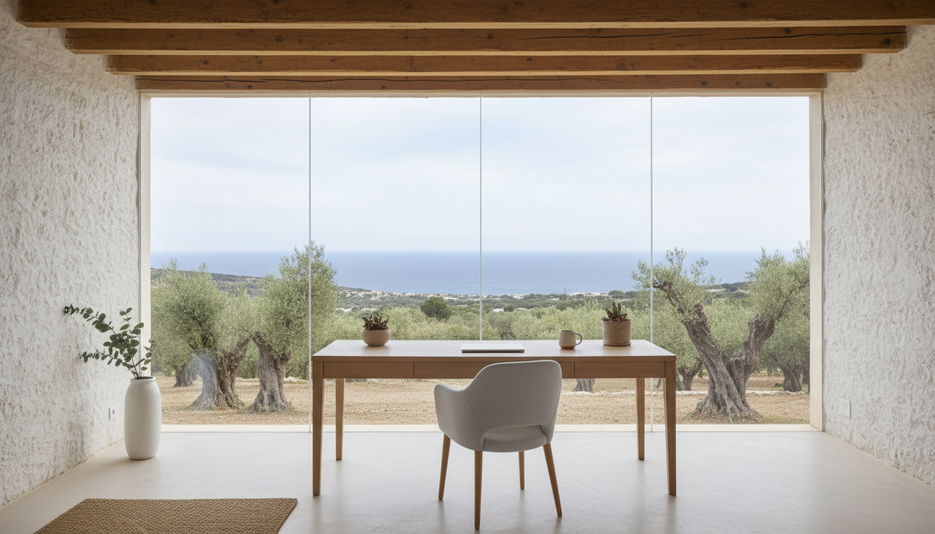 Minimalist home office in a traditional Ibiza finca with whitewashed walls, wooden beams, a modern d
