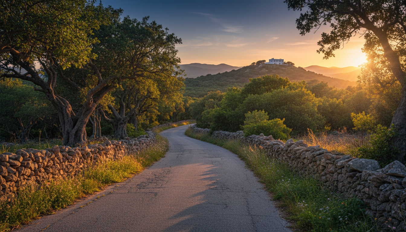 Winding country road through Sant Joans interior, lined with ancient stone walls and fig trees, a tr