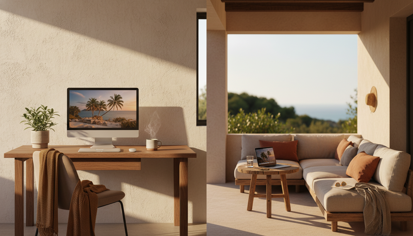 Split view showing an indoor home office with modern desk setup on the left, and the same spaces adj