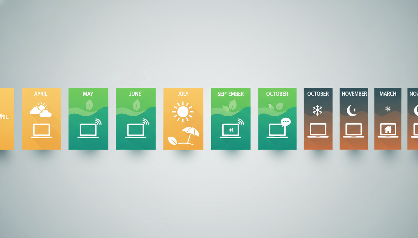 Calendar-style infographic showing Ibizas months color-coded by remote work suitability green for Ma