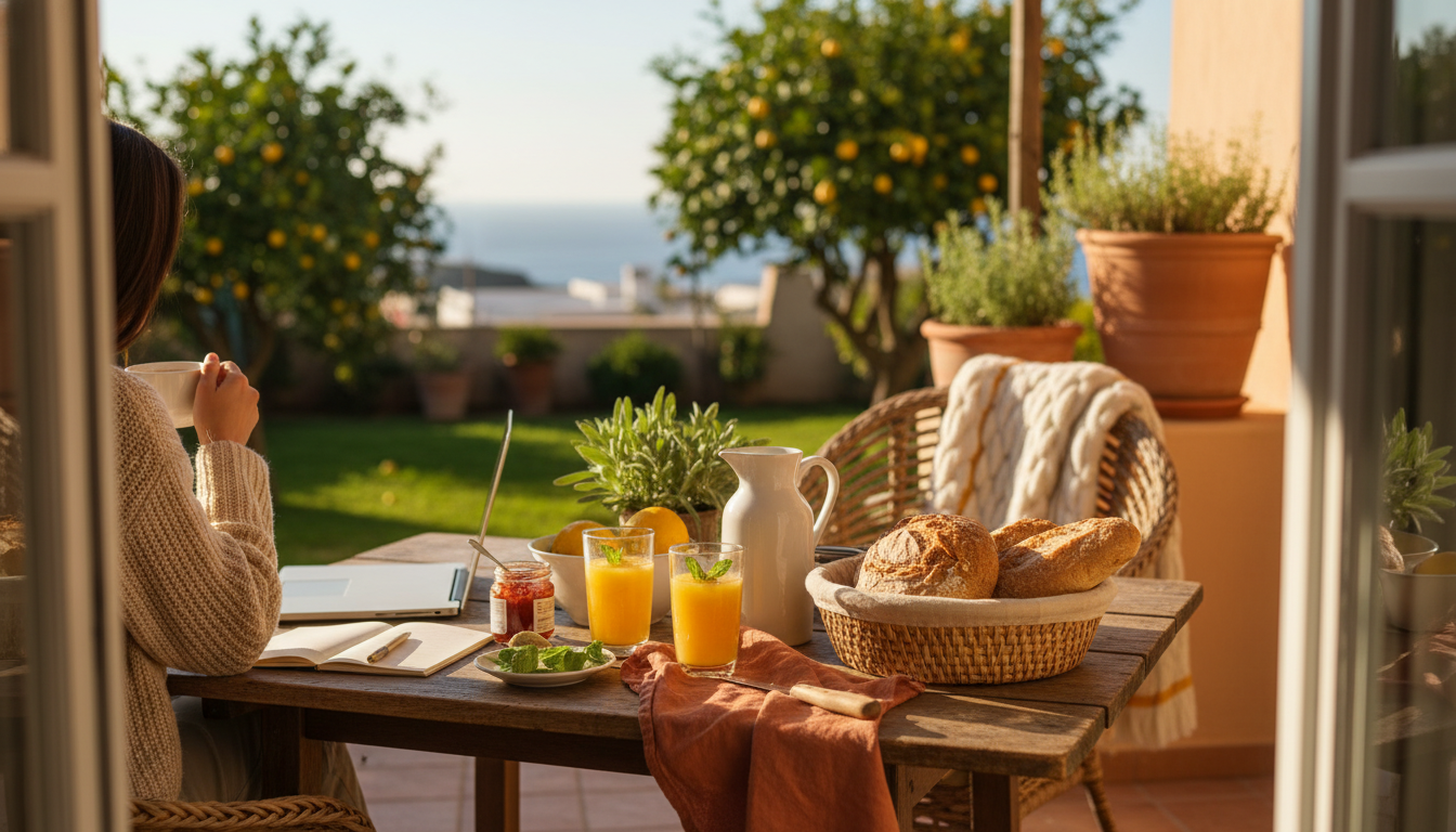 Cozy breakfast scene on a sunny terrace with fresh orange juice, local bread, and a laptop pushed to
