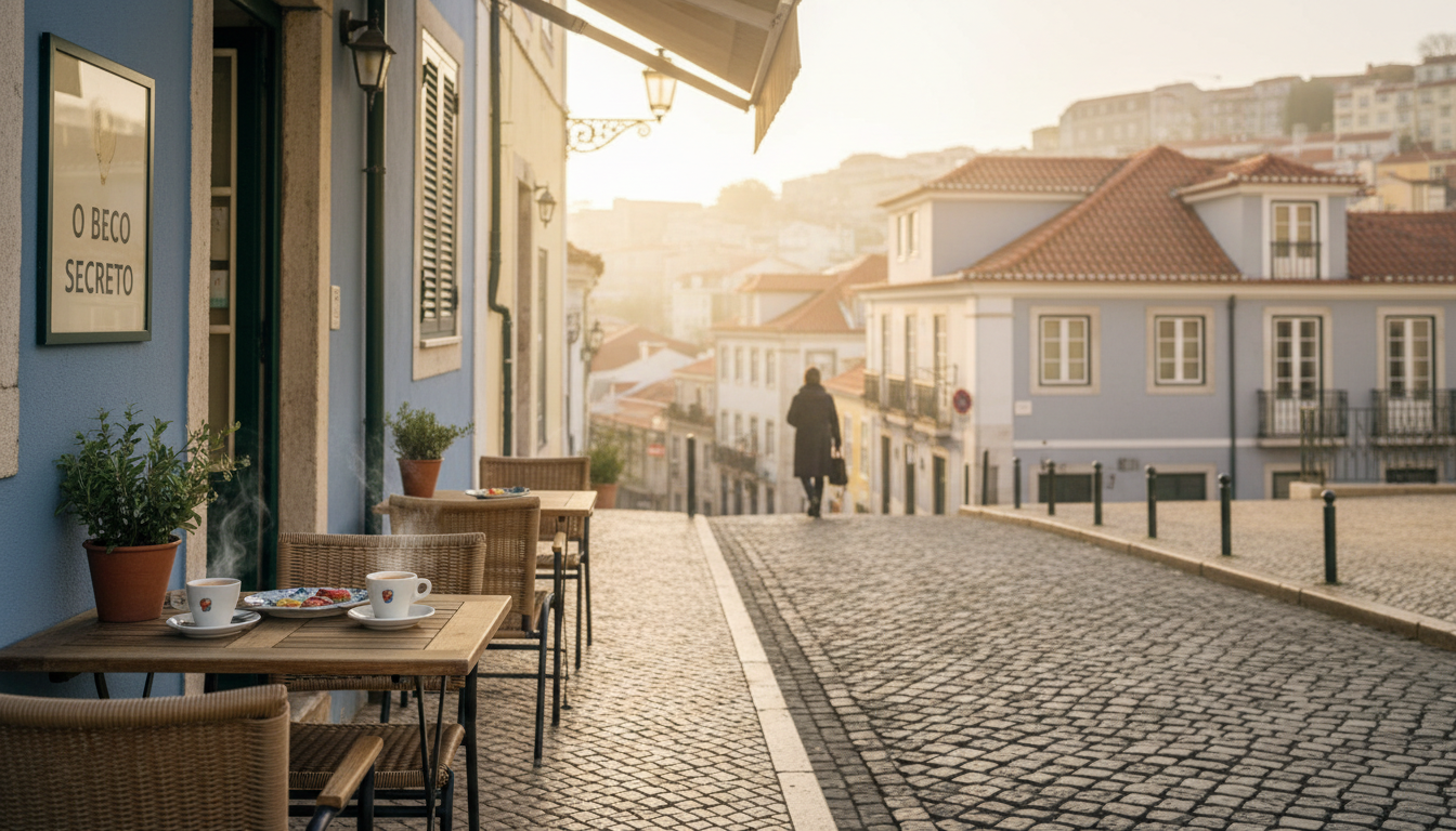 Empty cobblestone street in Lisbons Alfama district on a crisp January morning, soft golden light, a