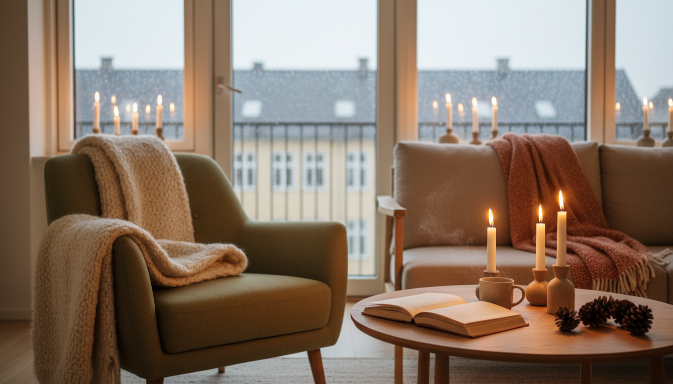 Cozy living room in a Copenhagen apartment, hygge aesthetic with candles, wool throws, a book open o