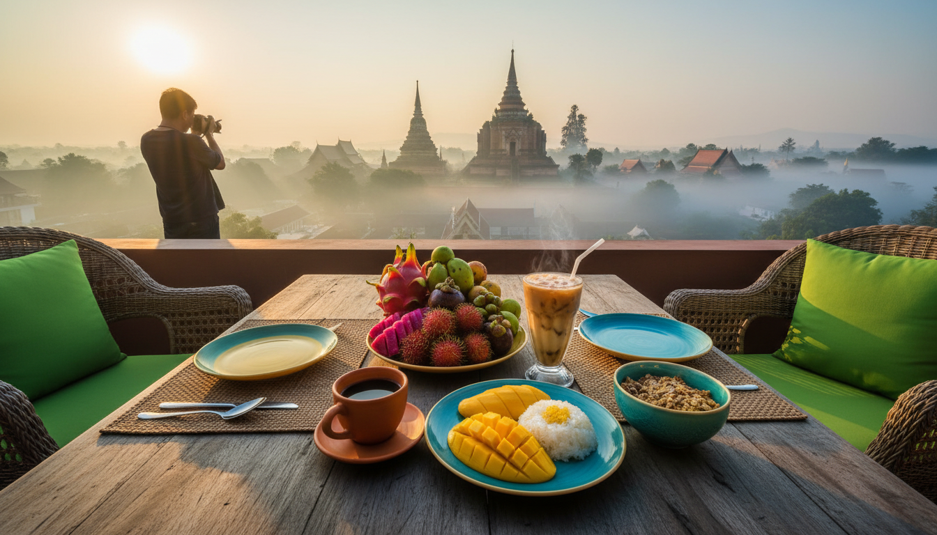 Terrace breakfast setup overlooking Chiang Mais old city, tropical fruits and Thai iced coffee, temp