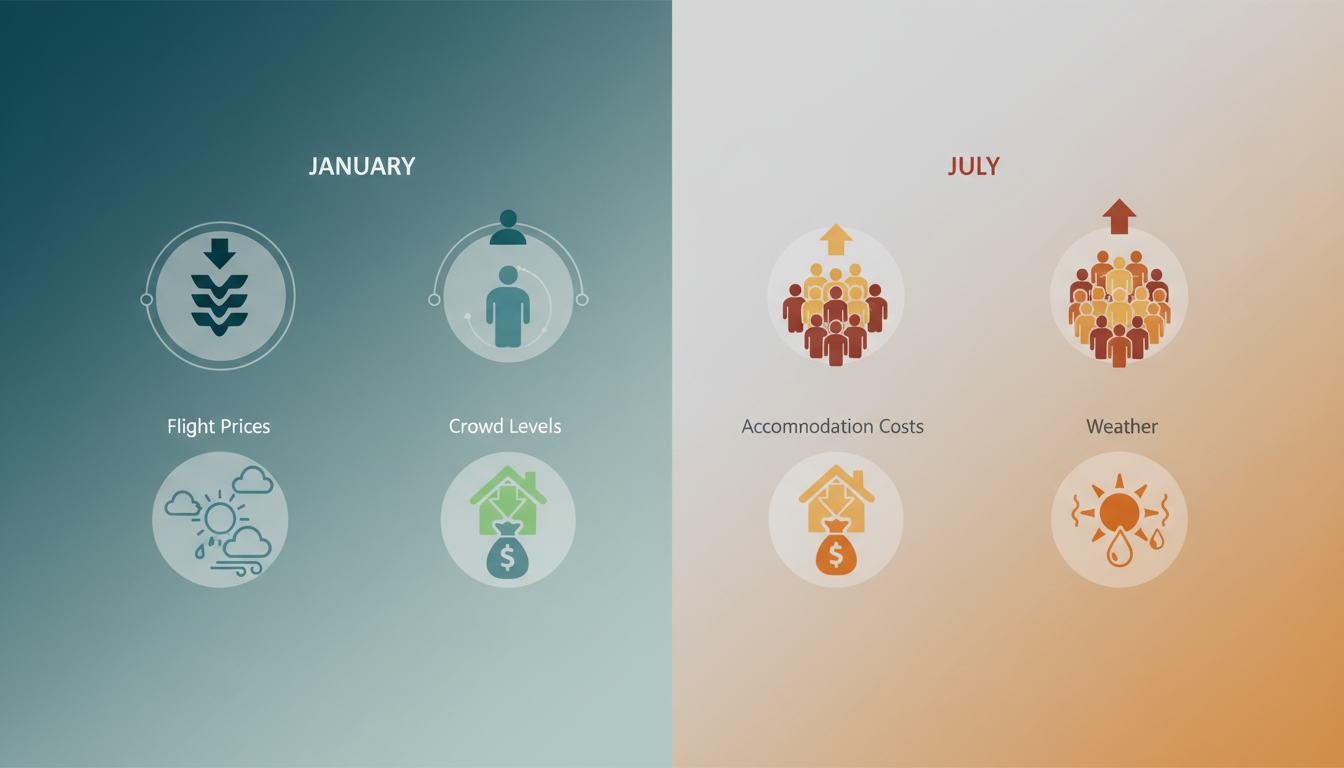 Split-screen infographic showing January vs July comparison flight prices, crowd levels, accommodati