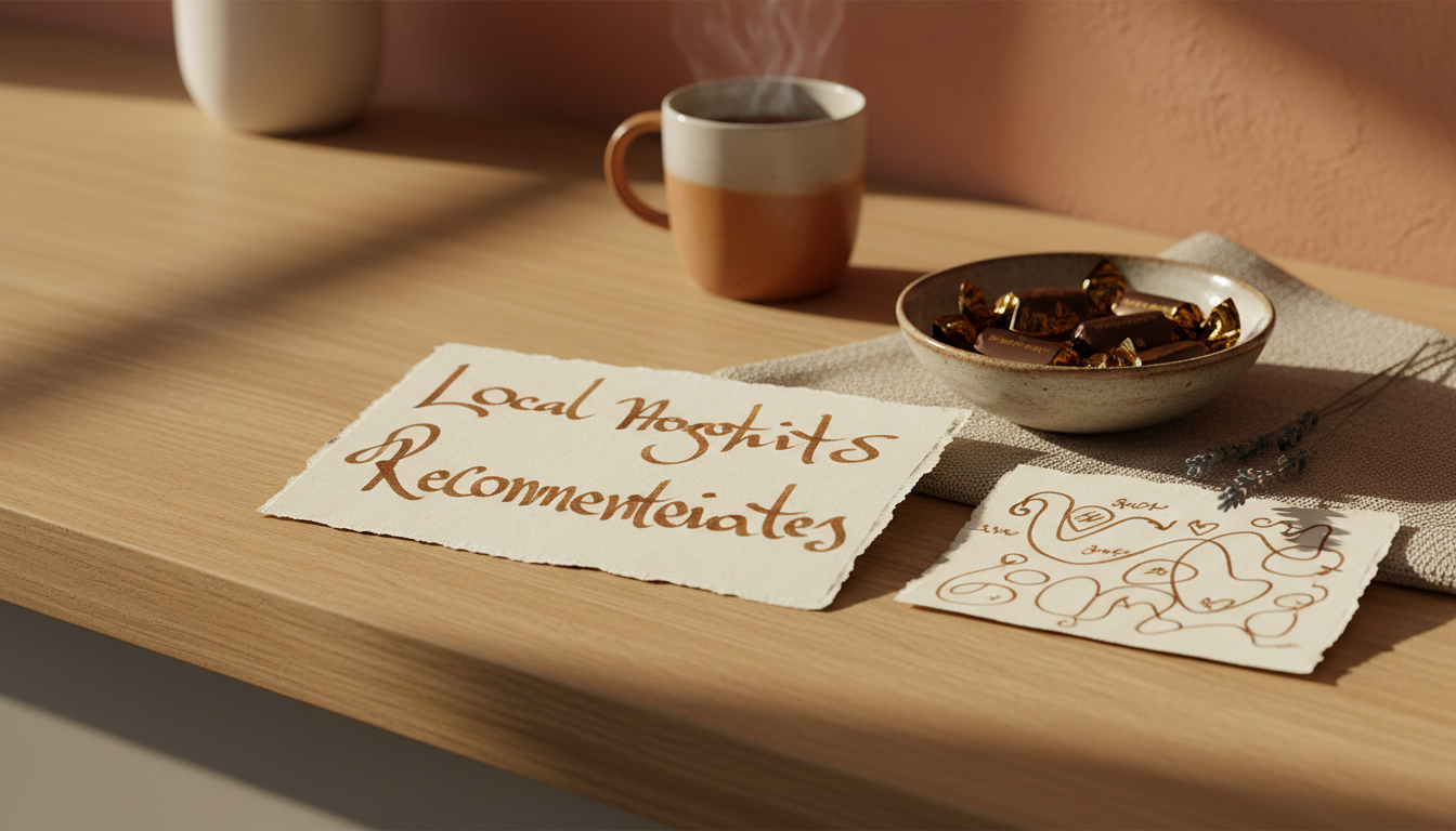 Handwritten note on a kitchen counter with local recommendations, a hand-drawn map, and a small welc