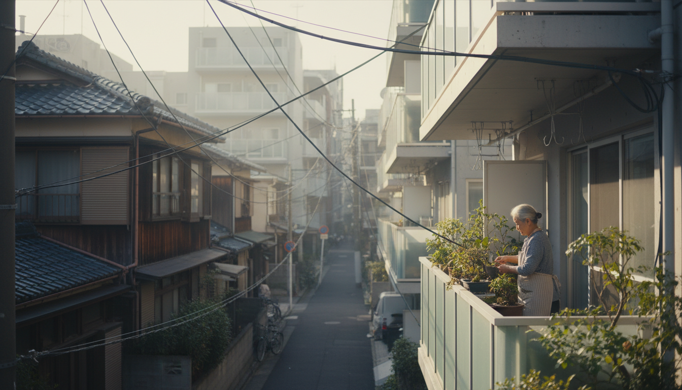 Warm morning scene in a Tokyo residential neighborhood, showing traditional wooden houses mixed with