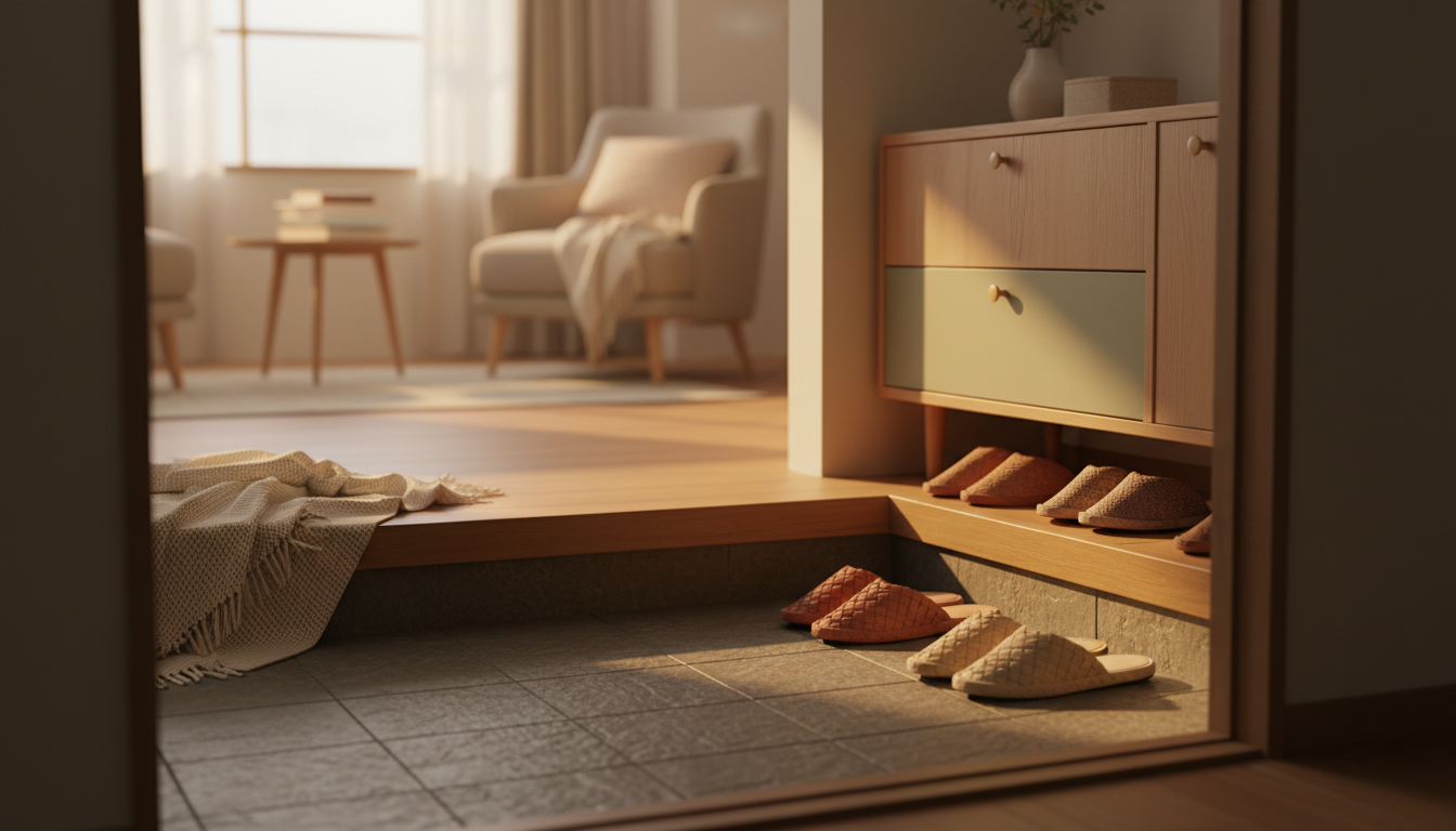 Interior of a Tokyo apartment entryway genkan, showing the step up to the main floor, a shoe cabinet