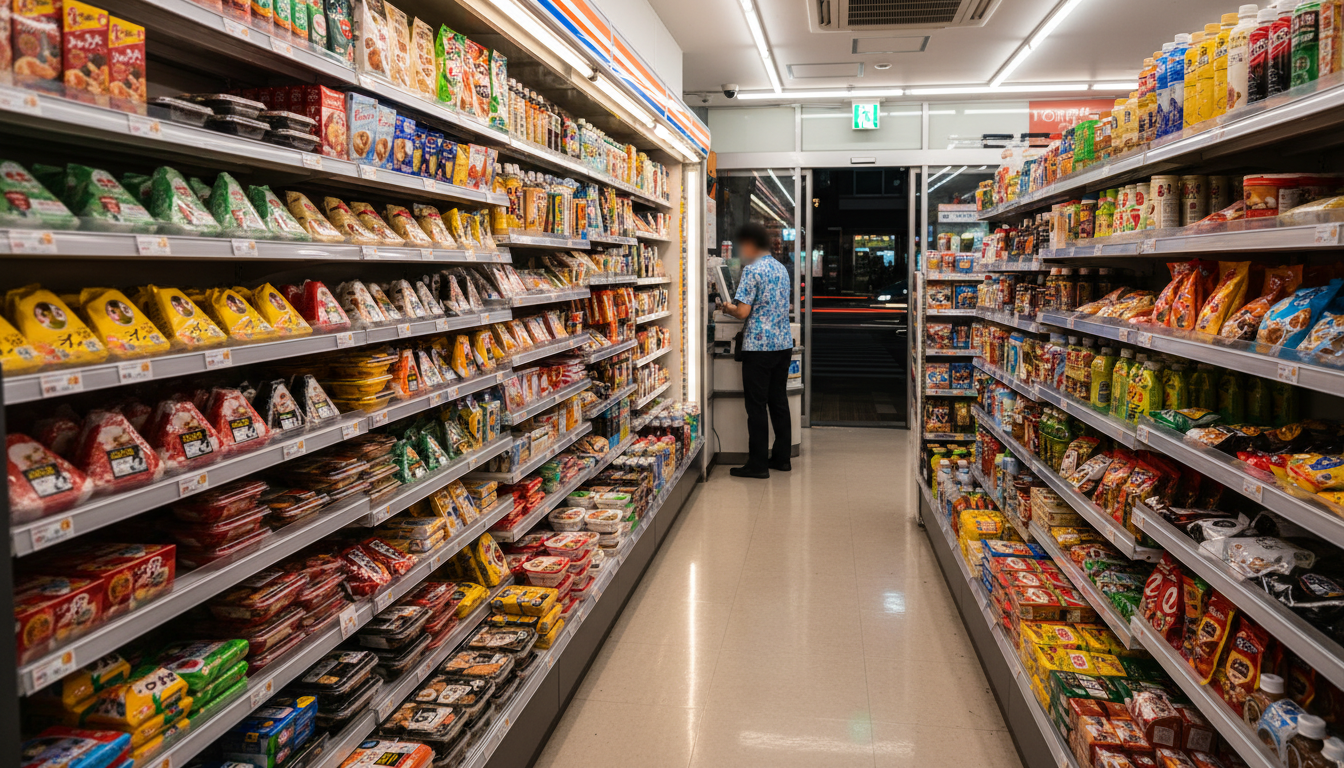 Interior of a Tokyo konbini at night, showing brightly lit aisles with bento boxes, onigiri triangle
