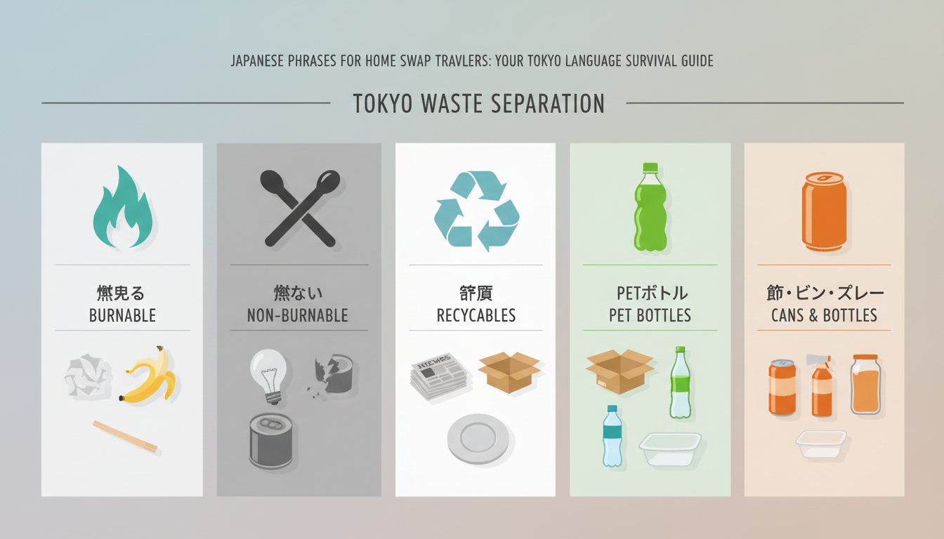 A detailed infographic showing Tokyos garbage separation system with icons for burnable, non-burnabl