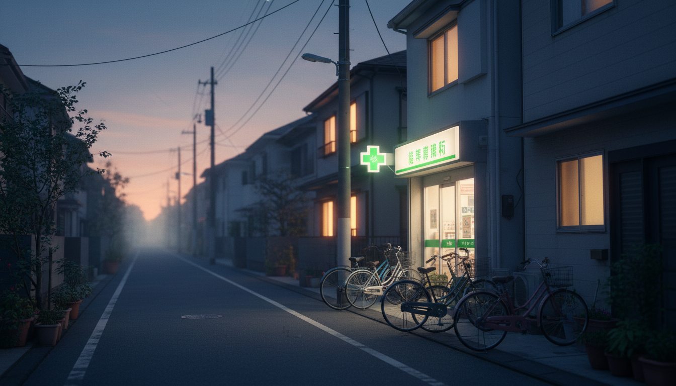 A quiet Tokyo residential street at dusk, showing a small local pharmacy yakkyoku with its green cro
