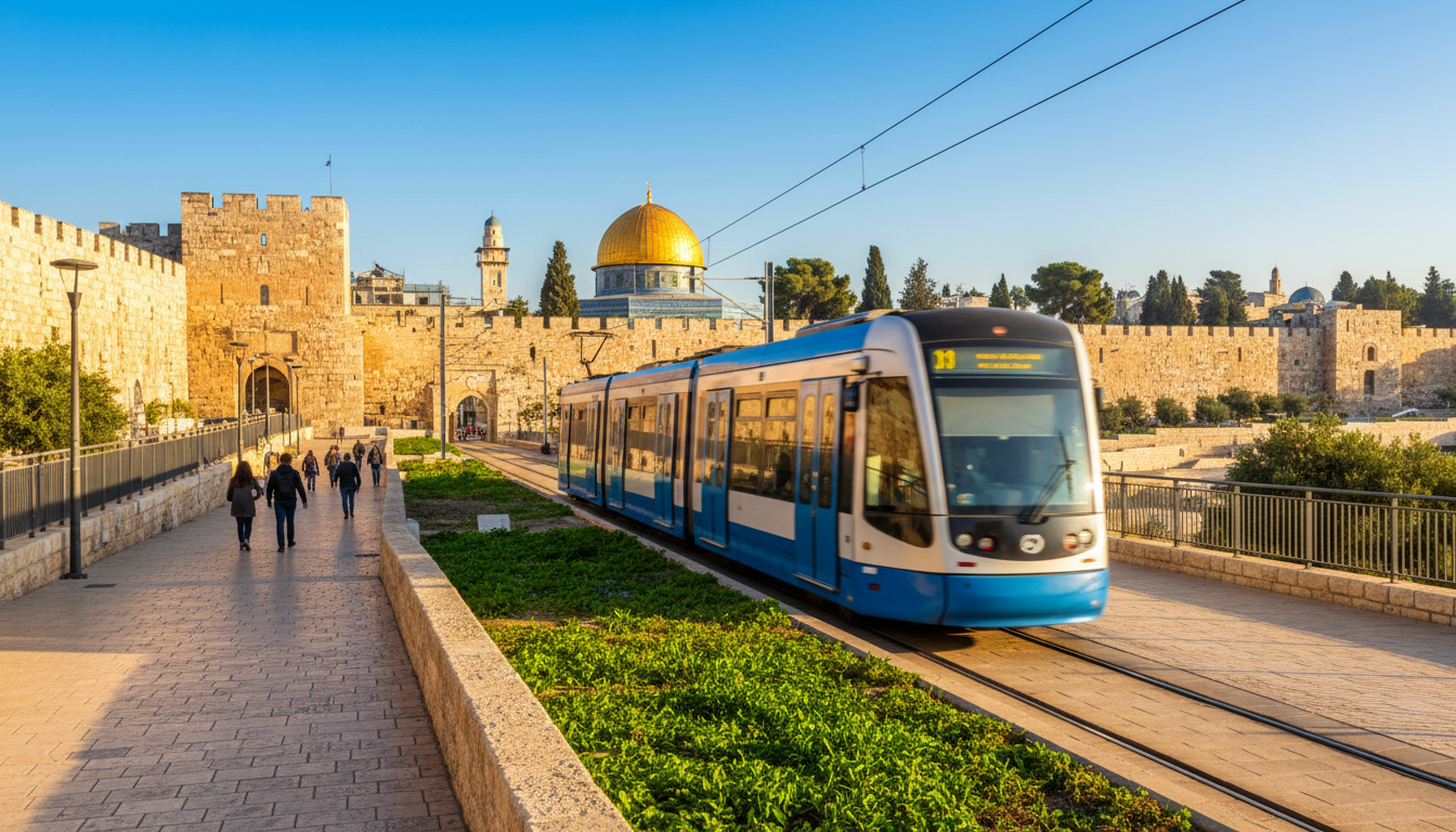Morning light illuminating Jerusalems light rail as it passes the Old City walls near Jaffa Gate, wi
