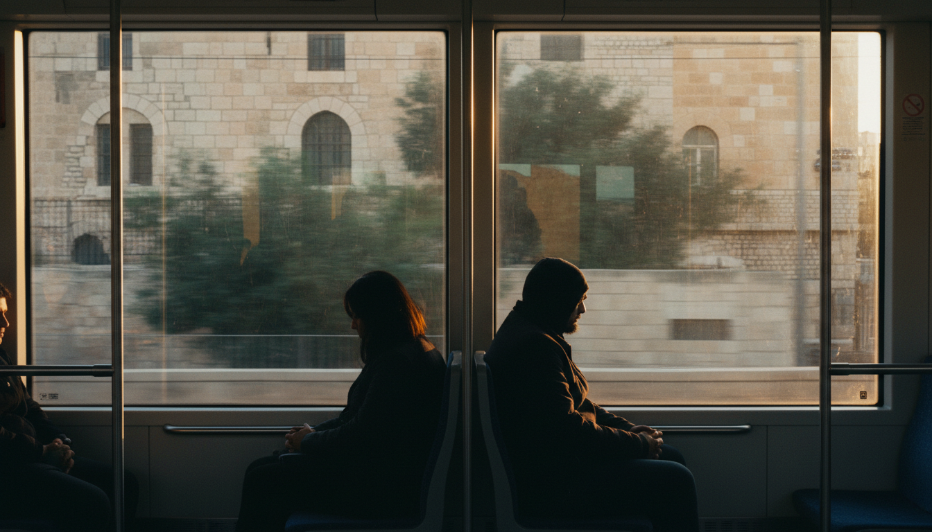 Inside a Jerusalem light rail car during golden hour, passengers silhouetted against windows showing