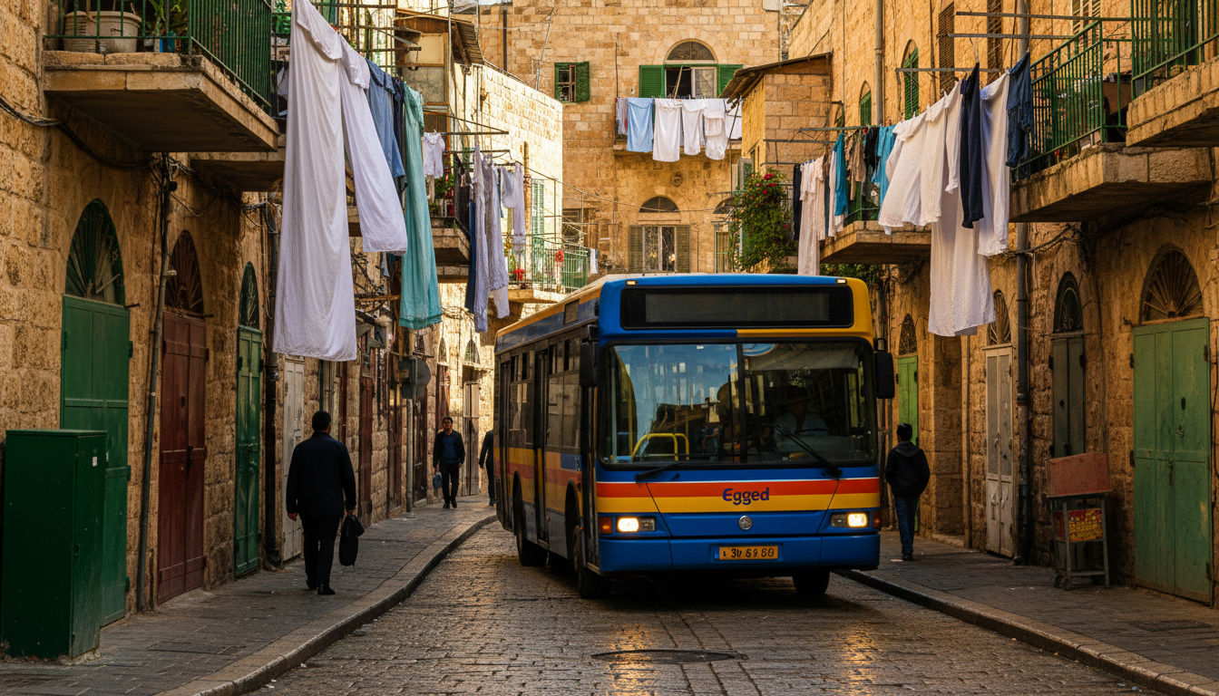 Colorful Egged bus navigating a narrow Jerusalem street in the Mea Shearim neighborhood, with laundr