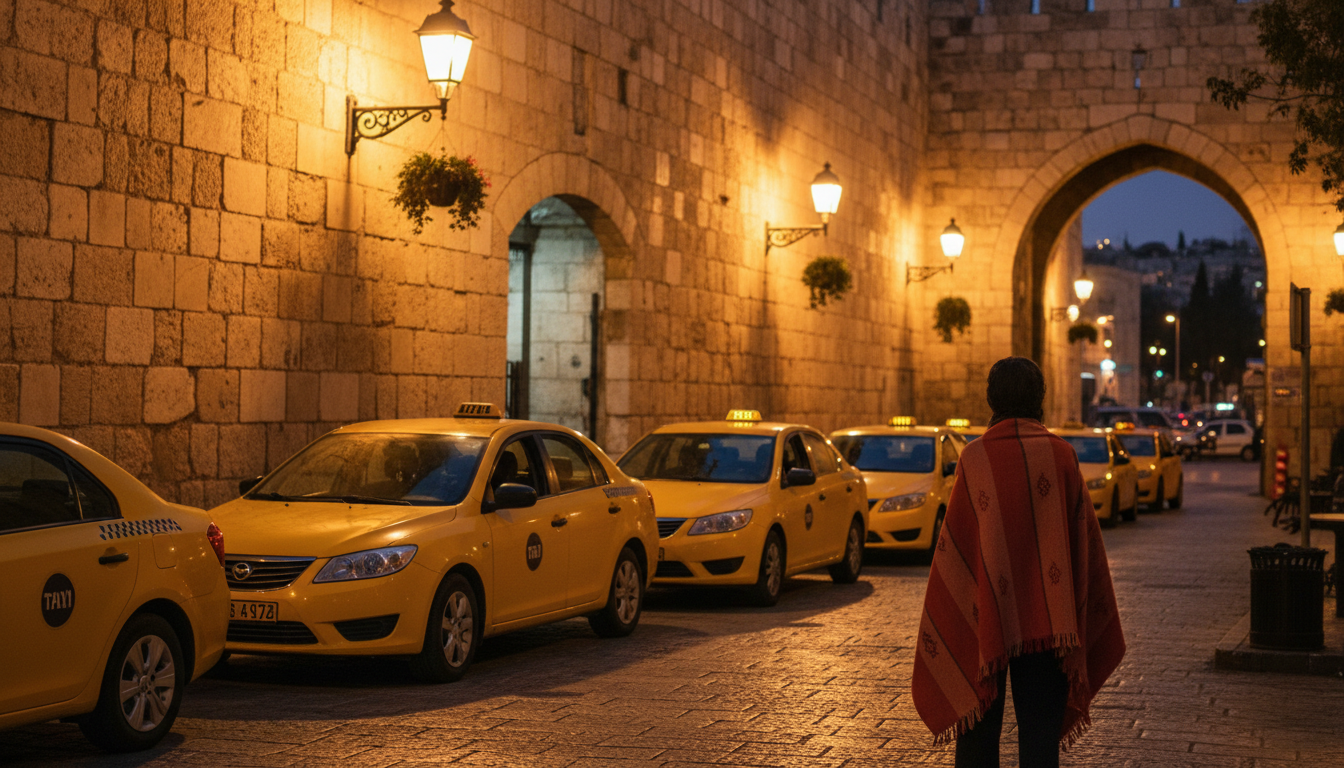 Jerusalem taxi stand at twilight near Jaffa Gate, with stone walls illuminated by warm streetlights