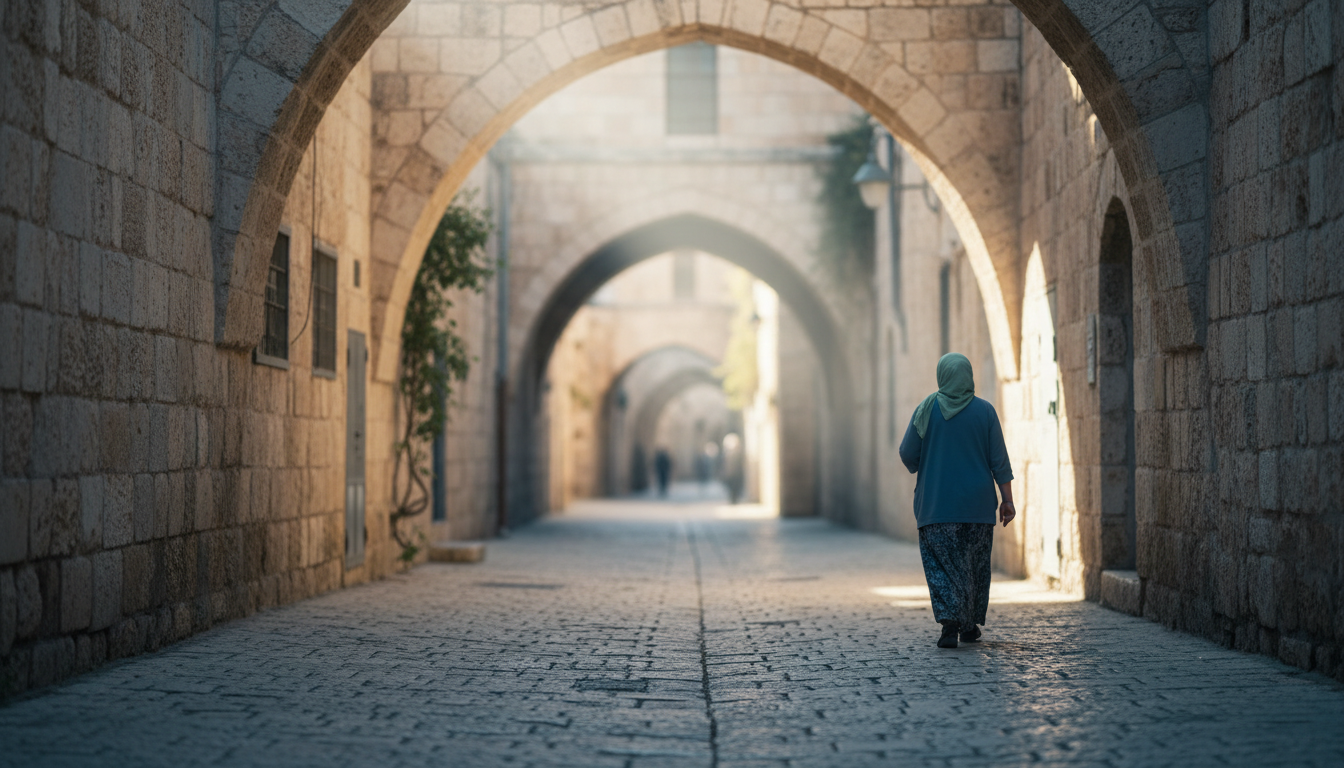 Narrow stone alleyway in Jerusalems Old City with morning light streaming through arched passages, a