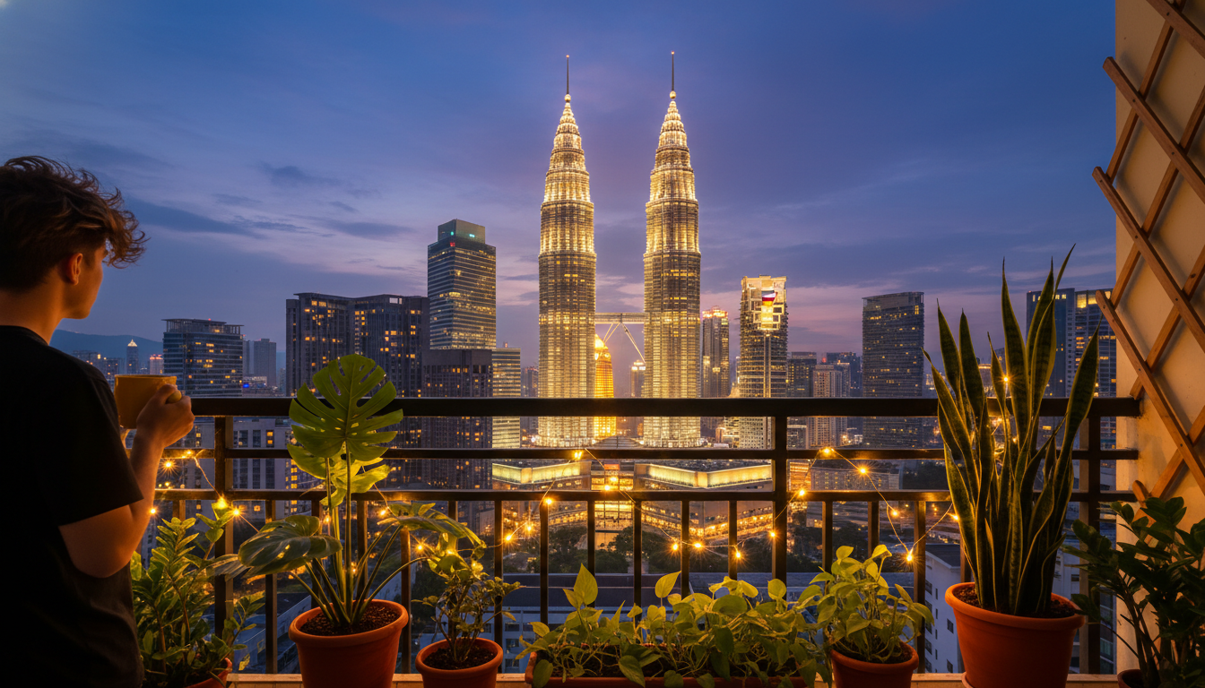 Kuala Lumpur skyline at dusk with Petronas Towers illuminated, shot from a residential balcony with