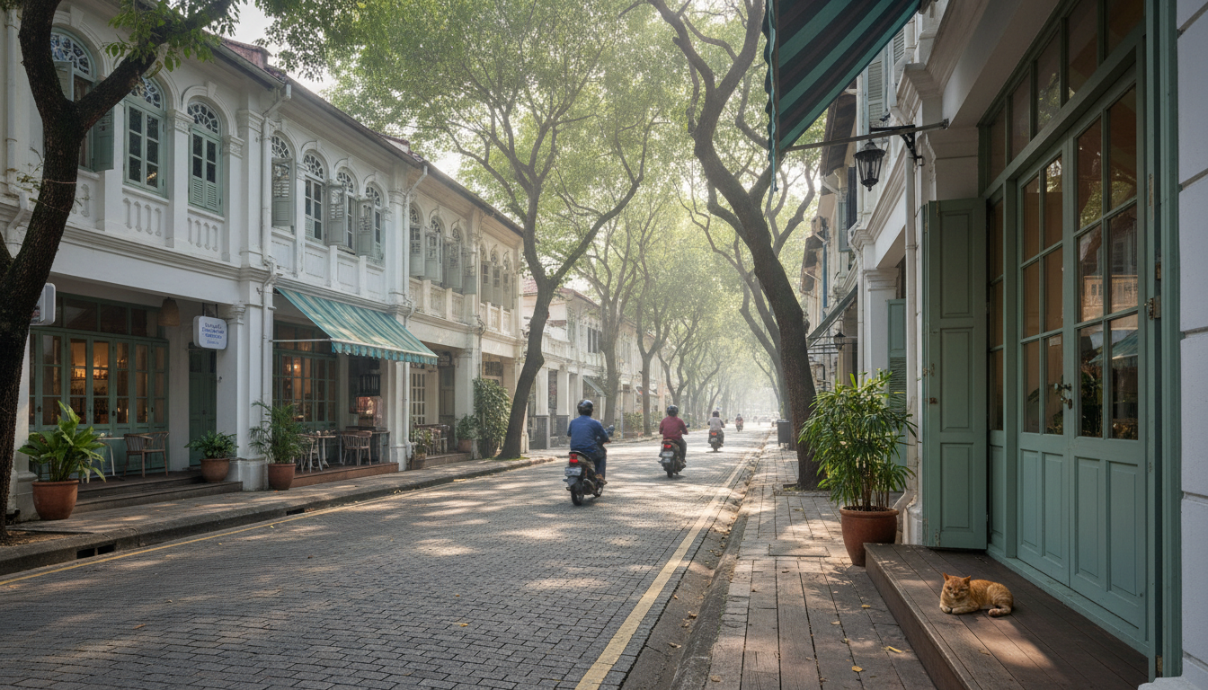 Tree-lined street in Bangsar with colonial-era shophouses converted to cafes, morning light filterin