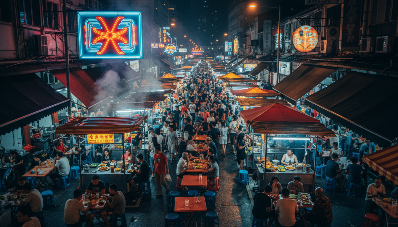 Aerial view of Jalan Alor food street at night, steam rising from hawker stalls, neon signs in Chine