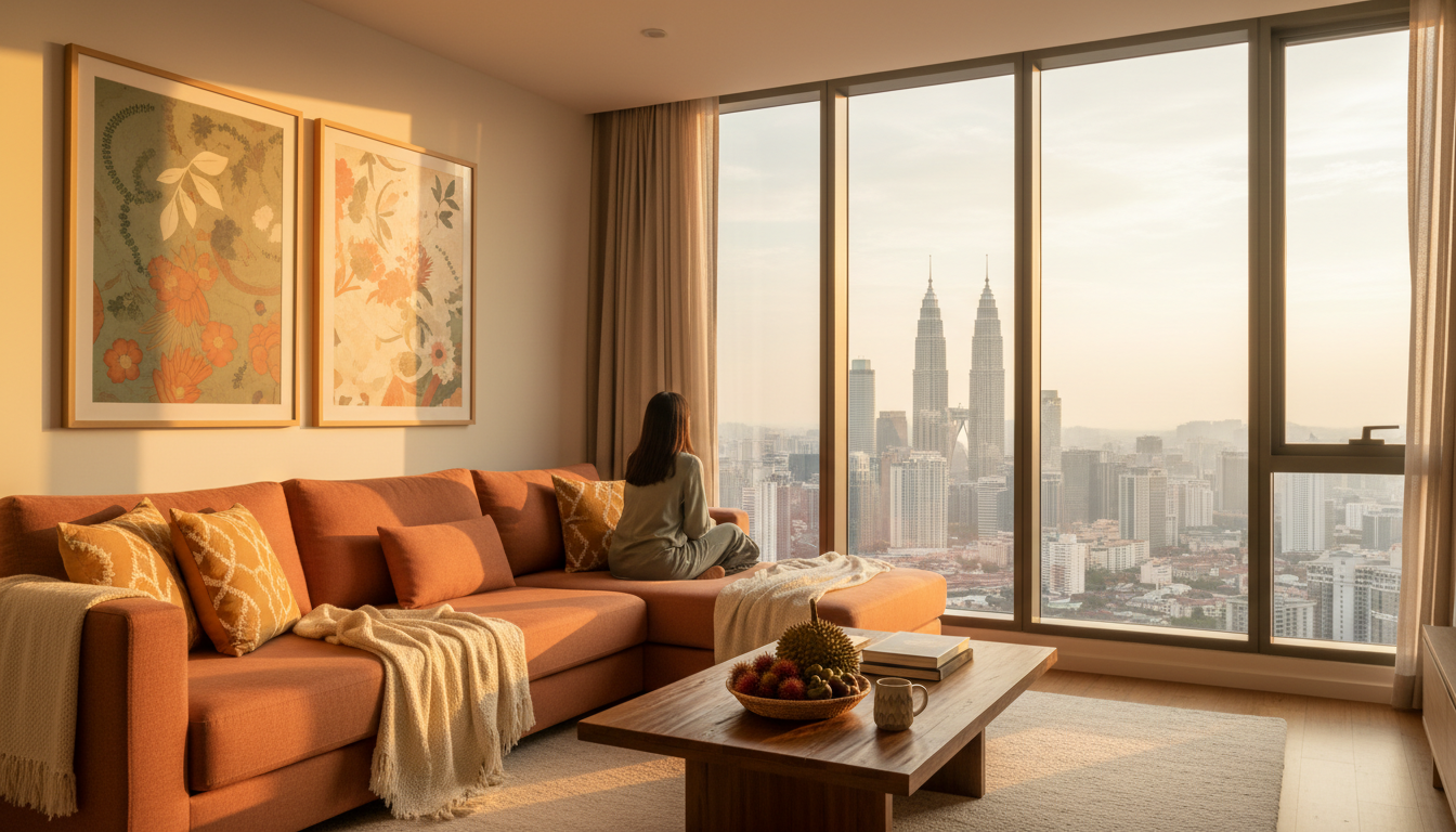 Modern Malaysian condo living room with floor-to-ceiling windows showing city view, comfortable sect