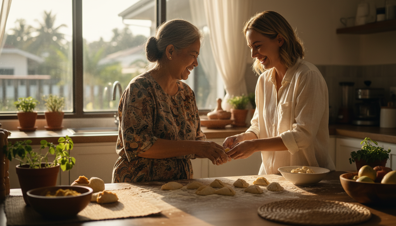 Malaysian grandmother teaching a Western woman to fold curry puffs in a home kitchen, flour-dusted c