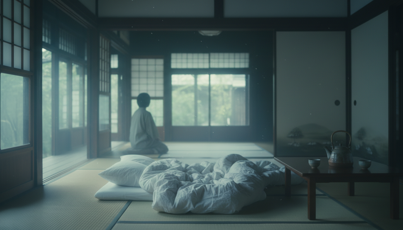 Traditional wooden machiya townhouse interior at dawn, soft light filtering through shoji screens, f