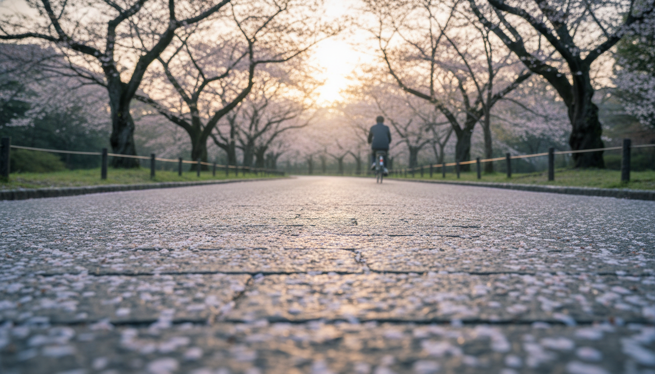 Empty Philosophers Path at dawn, cherry blossom petals on wet stone path, single cyclist in the dist