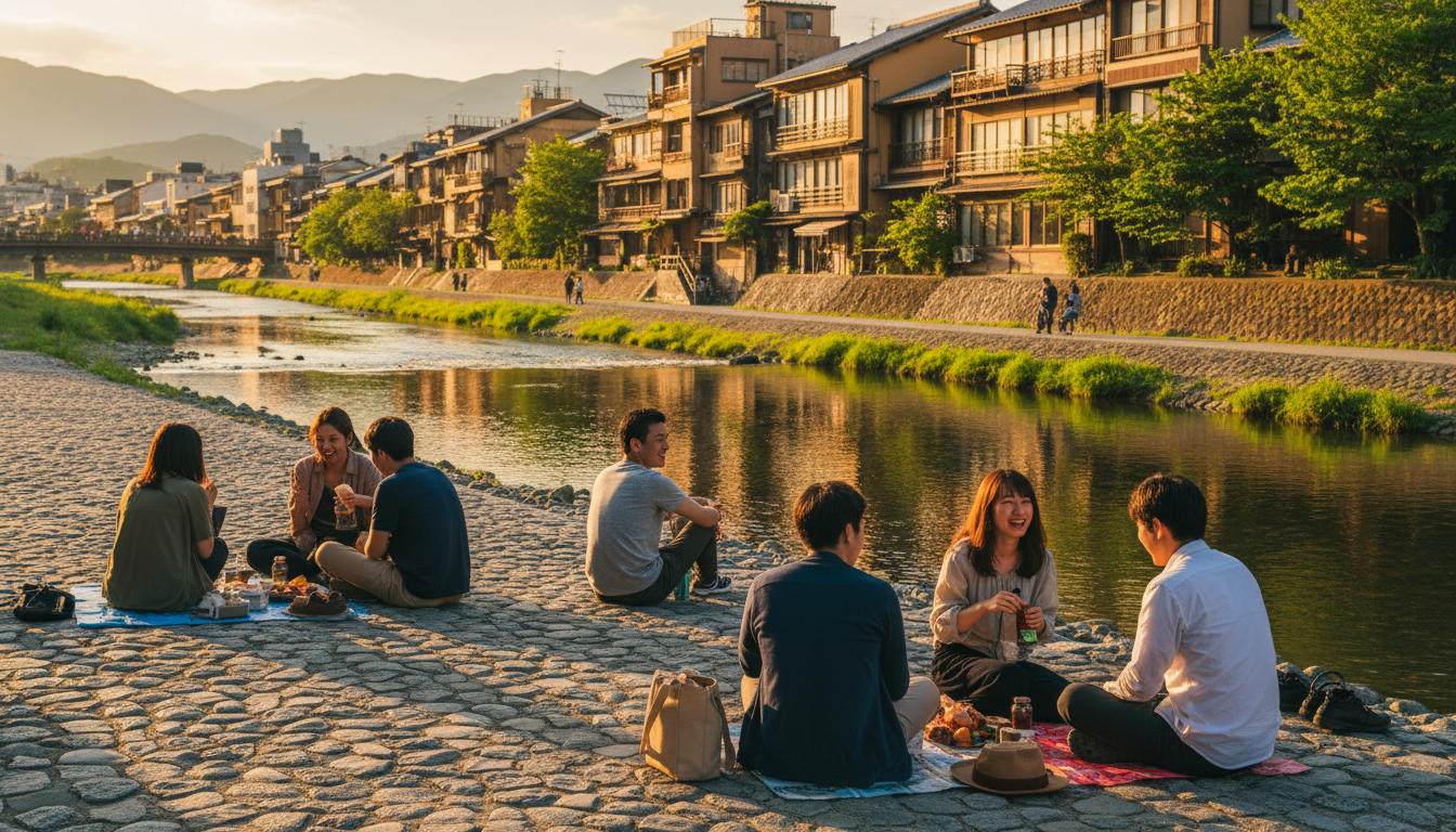 Kamo River at golden hour, couples and friends sitting on the riverbank, traditional buildings in ba