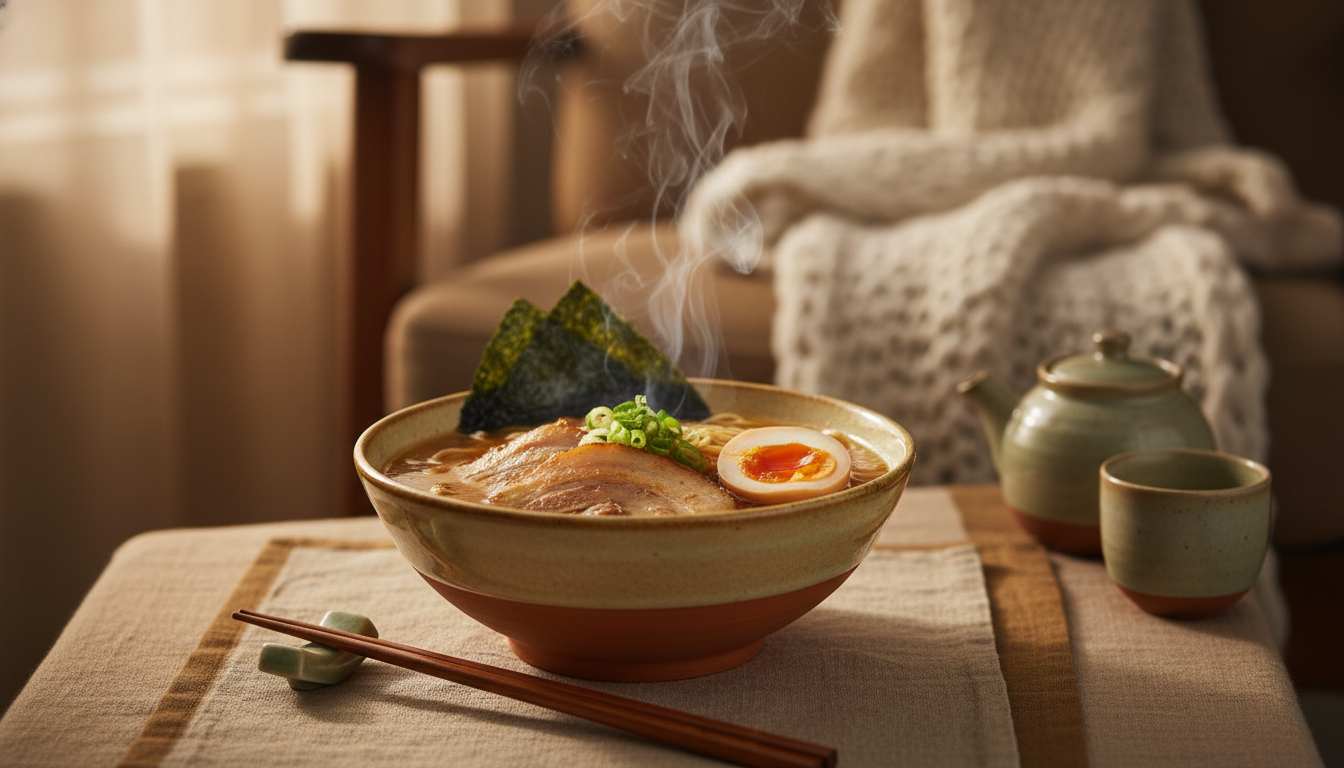 Steaming bowl of ramen with soft-boiled egg and chashu pork, chopsticks resting on ceramic holder, w