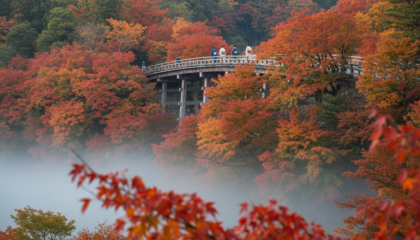 Tfuku-ji Temple bridge with brilliant red and orange maple leaves, morning mist, a few visitors in t
