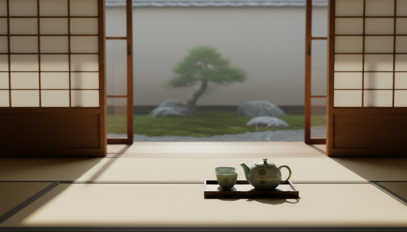 Morning light filtering through shoji screens onto tatami mats, with a ceramic tea set and small gar