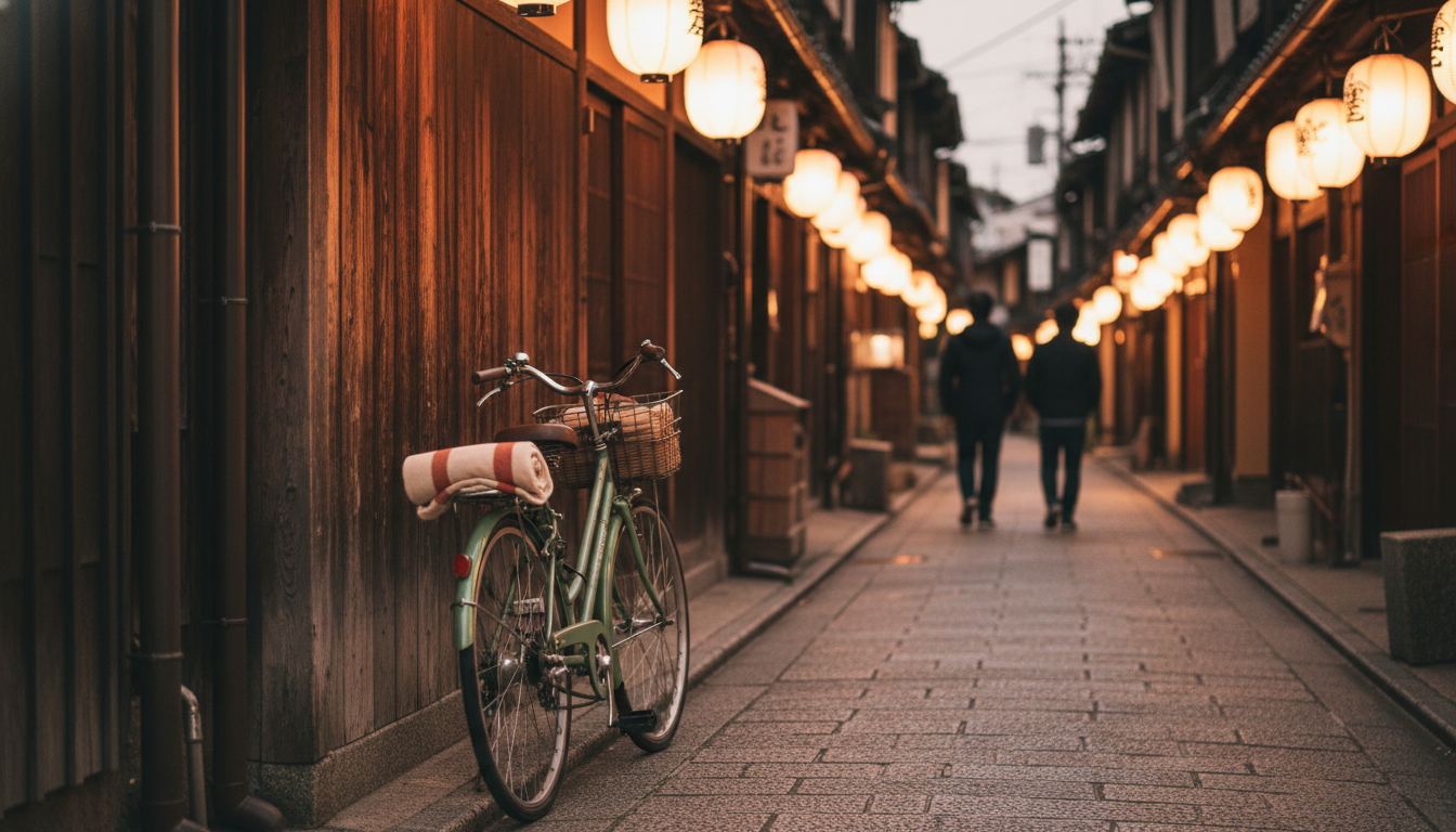 Narrow Nishijin street at dusk with traditional wooden machiya facades, warm light glowing from pape