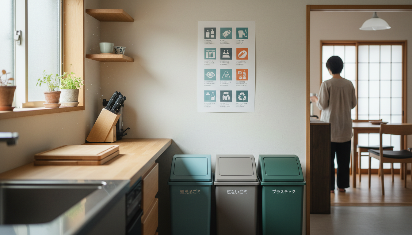 Neatly organized Japanese kitchen corner showing color-coded trash bins with Japanese labels, a smal
