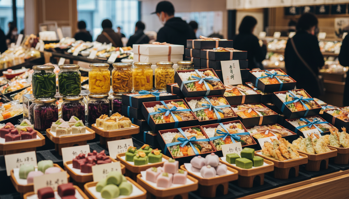 Colorful depachika food hall display showing arranged wagashi sweets, pickled vegetables, and bento