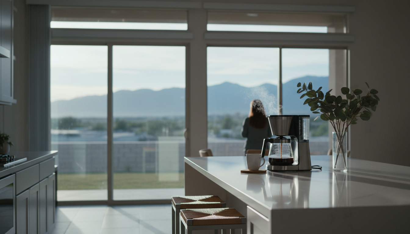 A modern kitchen in a Las Vegas suburban home with morning light streaming through windows, coffee b