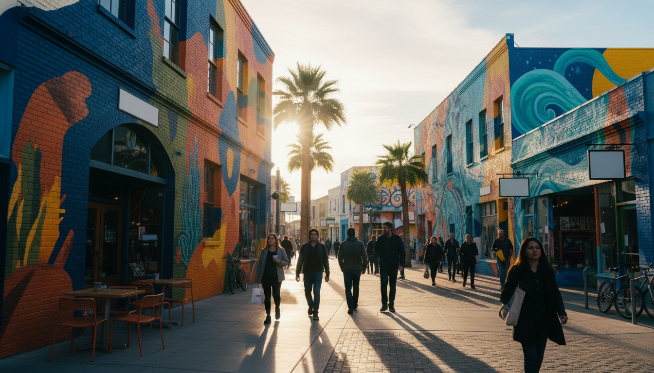 A street scene in the Las Vegas Arts District showing colorful murals on brick buildings, people wal