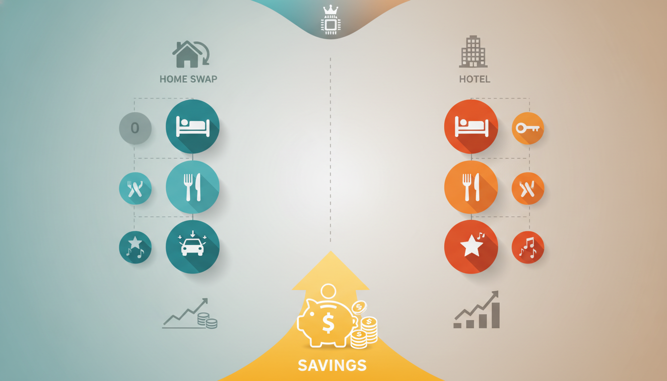 An infographic comparing home swap costs vs hotel costs for a 9-night Las Vegas trip, showing breakd