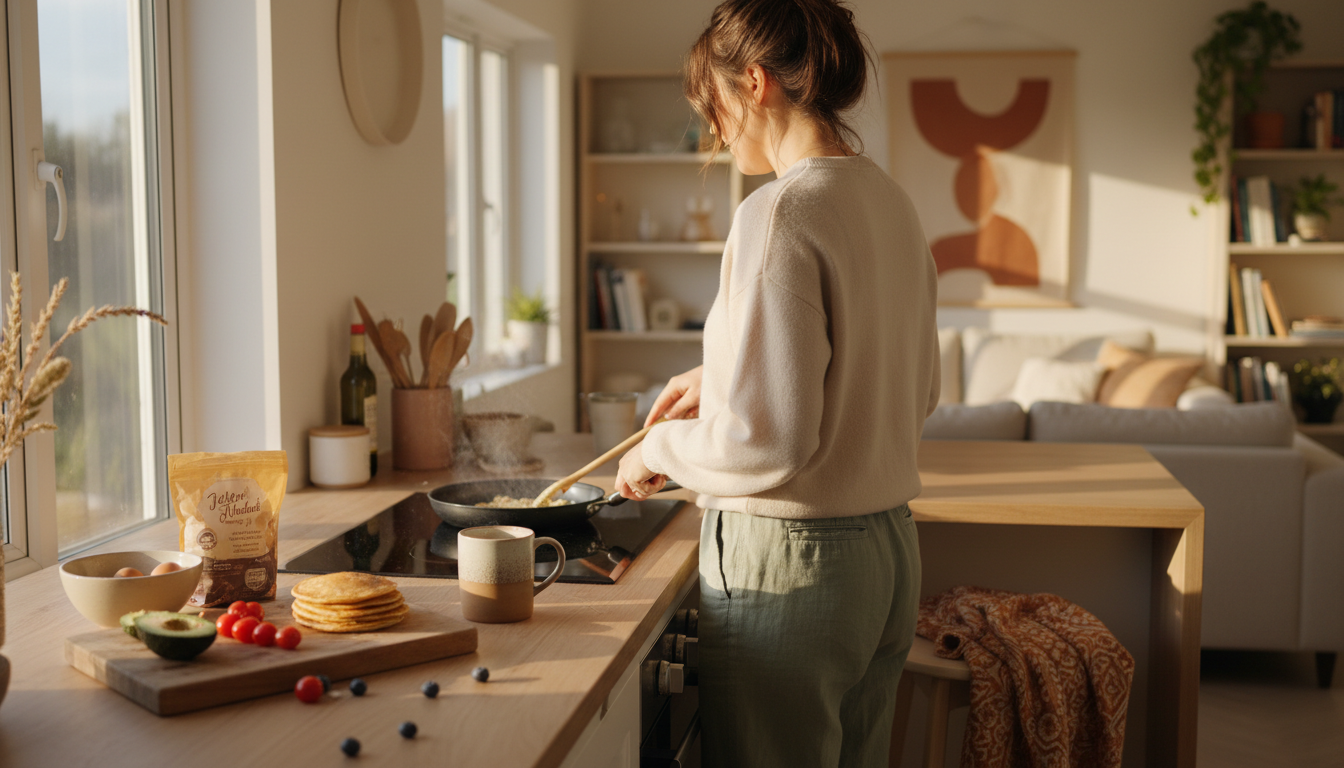 A woman in casual clothes cooking breakfast in a bright home kitchen, ingredients spread on the coun