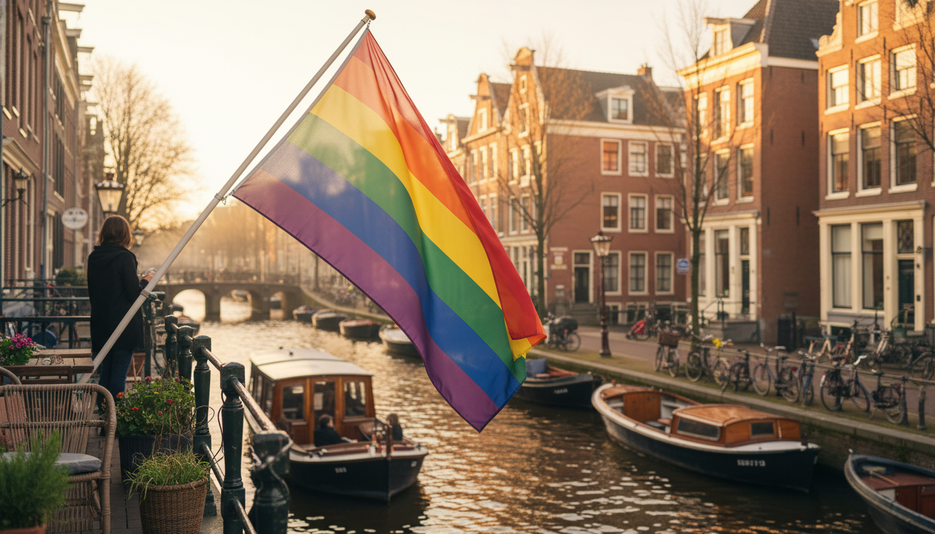 Rainbow flag hanging from a balcony in Amsterdams Jordaan neighborhood, with canal boats and bicycle