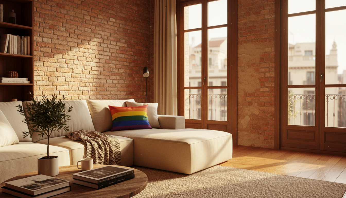 Cozy apartment interior in Barcelonas Eixample neighborhood, exposed brick walls, pride flag pillow
