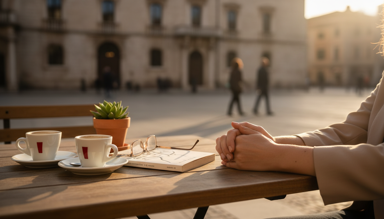 Two womens hands intertwined over a caf table in a sunlit European plaza, espresso cups and a guideb