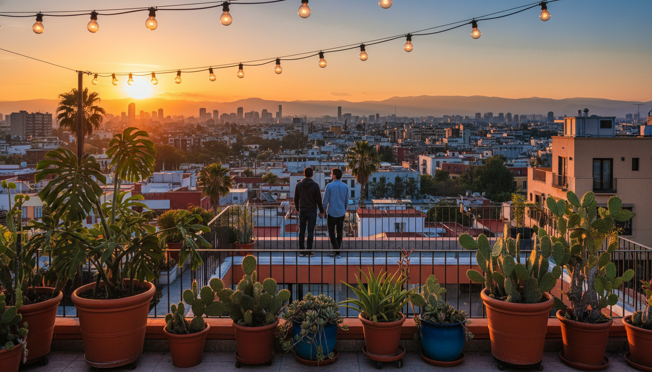 Rooftop terrace view of Mexico Citys Condesa neighborhood at sunset, string lights, potted plants, a